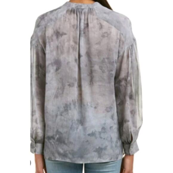 VINCE WATERCOLOR MARBLED SHIRRED 100%SILK BLOUSE TOP DARK‎ SMOKE GREY S - Picture 2 of 9